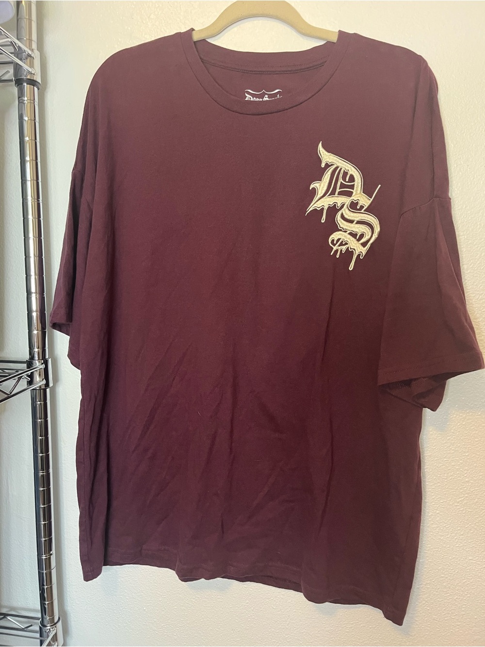 Men's Burgundy Short Sleeve Tee with Cream Script Chest Logo